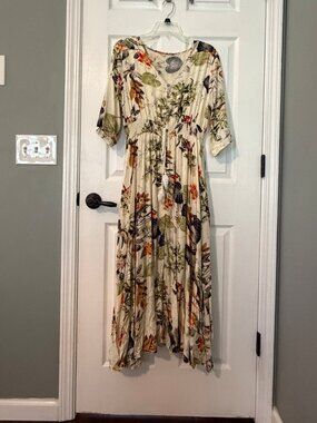 Floral Boho Maxi Dress Size L Cream Botanical Vacation Dress
